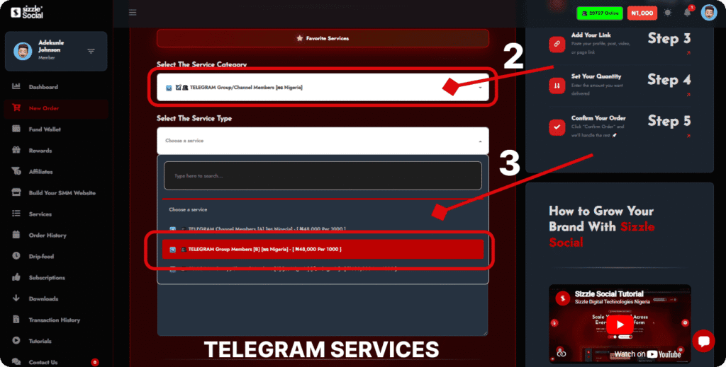 Sizzle Social dashboard sidebar with Telegram services, showing TELEGRAM Channel Members [All Tier Nigeria] at ₦48,000 per 1000 and TELEGRAM Group Members [no Nigeria] also at ₦48,000.