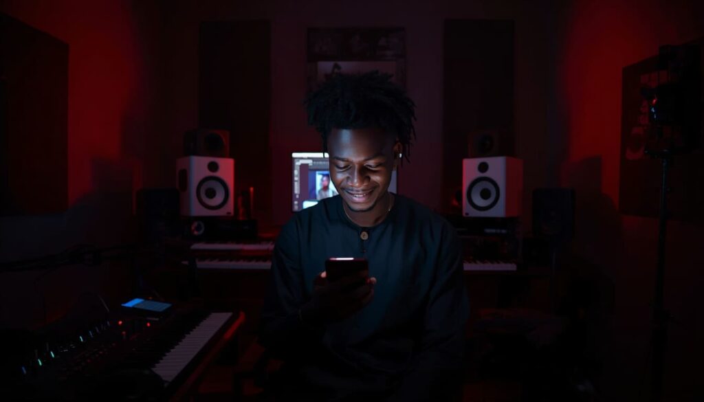 Musician in studio checking growth stats