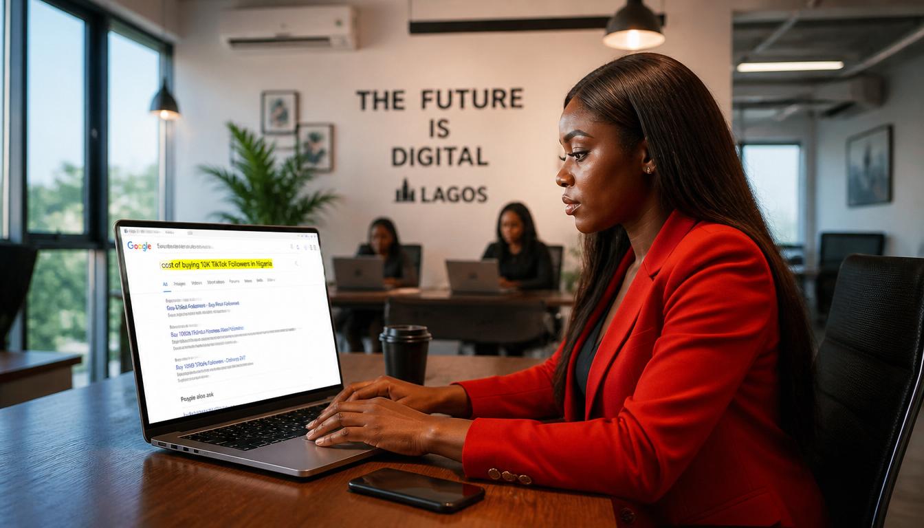Nigerian creator reviewing smartphone engagement stats in a modern office with crimson red and dark professional lighting tones.