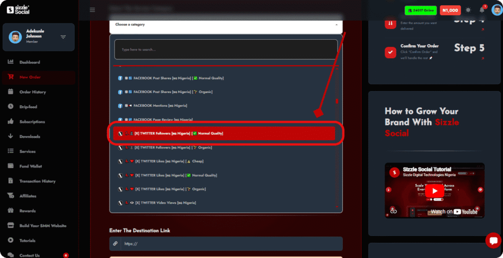 Sizzle Social support interface showing a search box with Facebook services labeled "[no Nigeria]" (Facebook Post Shares, Mentions, Page Review), plus a tutorial heading and a destination link field.