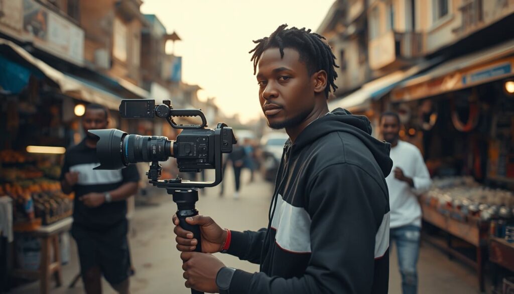 Successful Nigerian creator filming high-quality, authentic video content outdoors in a vibrant Lagos street.