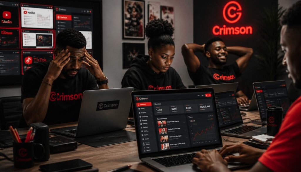 Nigerian creators juggling multiple apps on laptops