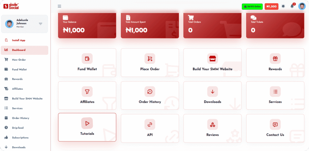 Sizzle Social dashboard for Adekunle Johnson with sidebar (Dashboard, New Order, Fund Wallet, Rewards, Affiliates, Build Your SMM Website, Services, Order History, Drip-feed,