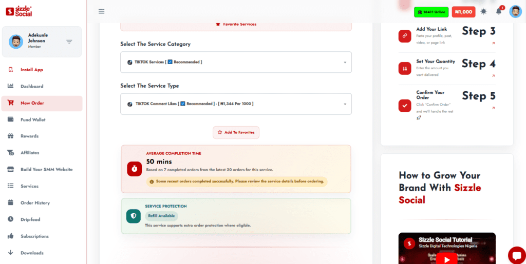 Service selection for TIKTOK Comment Likes – Recommended – ₦1,344 per 1000, with average completion time 50 mins (based on 7 completed orders) and "Refill Available" badge.
