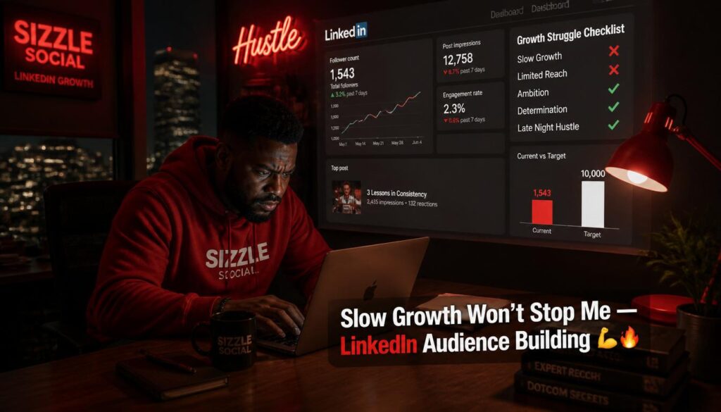 Entrepreneur working late on LinkedIn strategy.
