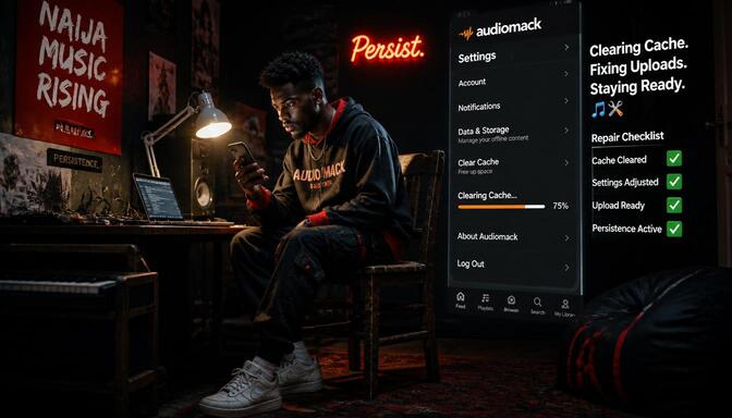 Young Nigerian musician troubleshooting Audiomack app