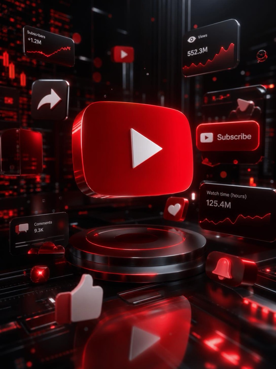 3D YouTube comments growth visual with floating comment bubbles reply icons and video engagement elements