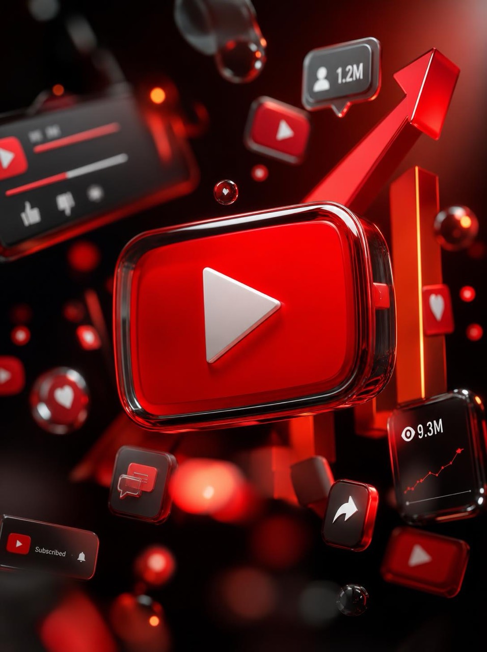 3D YouTube views growth visual with floating play buttons view counters video screens and visibility icons