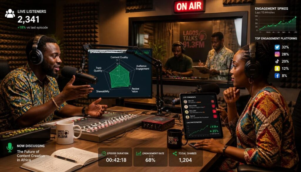 Active Nigerian podcaster checking radar chart analytics during a live broadcast session in a studio