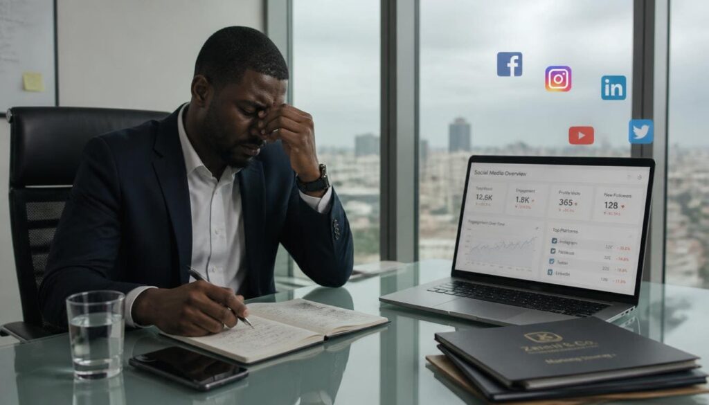 A worried Nigerian business owner reviewing poor social media metrics at an office desk