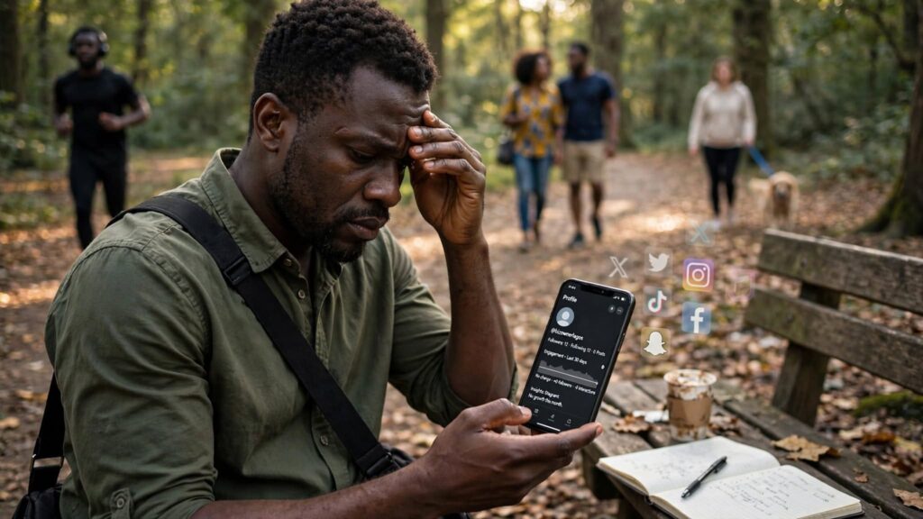 Frustrated Nigerian vendor staring sadly at an empty smartphone screen at an office glass desk