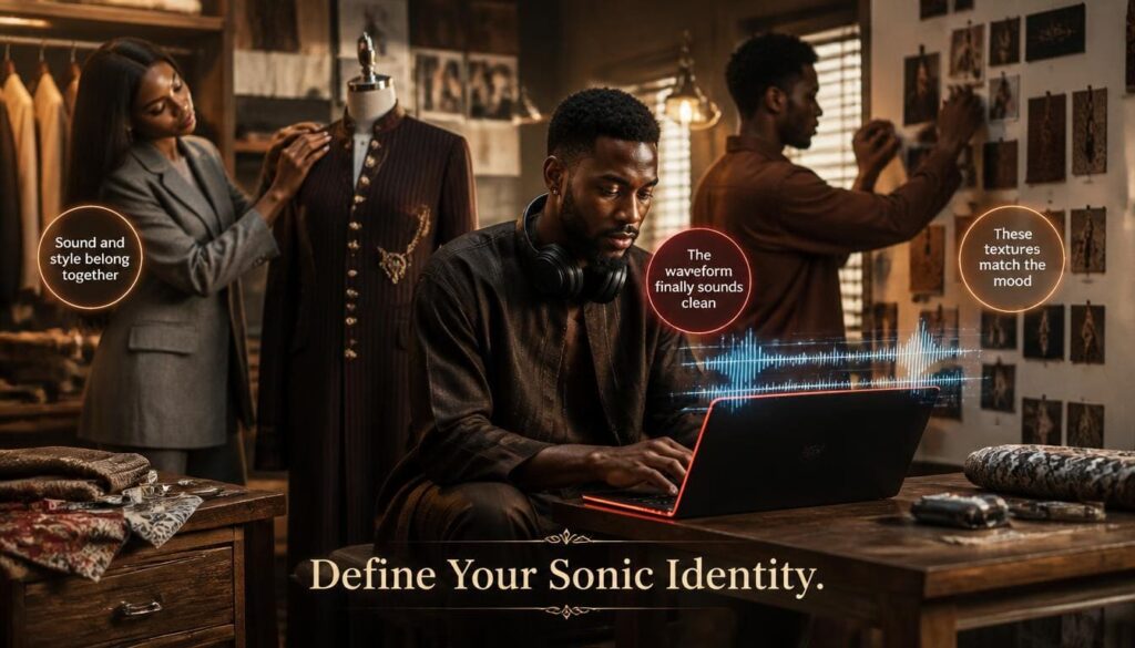 Creative brand identity photo showcasing a stylish Nigerian music producer mixing beats inside a creative fashion house