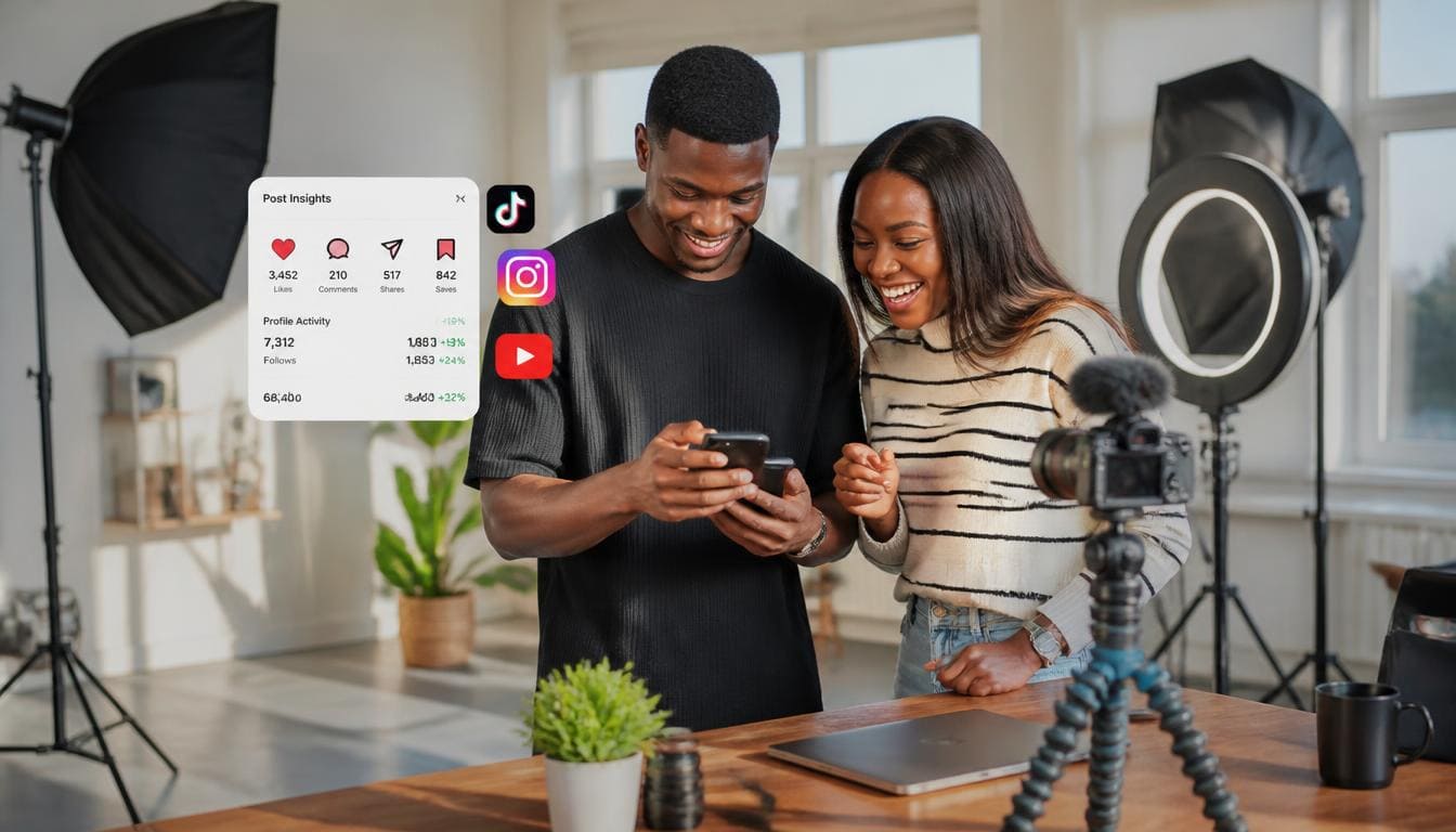 Nigerian Creator Smiling Confidently While Managing Content on Digital Dashboard