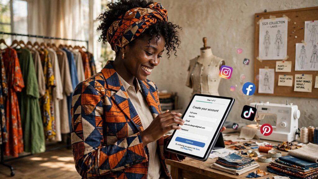 A happy Nigerian fashion designer setting up an account on a modern tablet device
