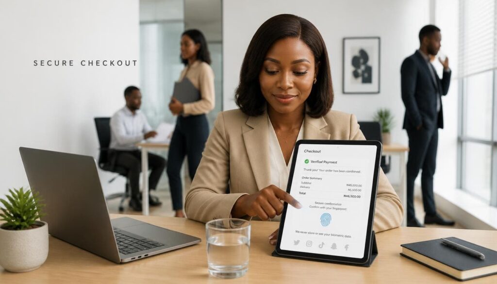 Nigerian digital strategist completing password-free checkout on a tablet inside a modern corporate office