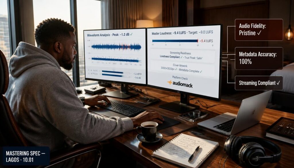 Sound engineer reviewing audio waveform and artwork technical parameters at luxury hotel workspace desk