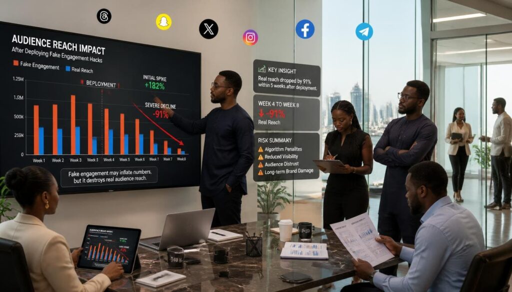 Bar chart showing the drastic drop in post impressions after using fake engagement hacks