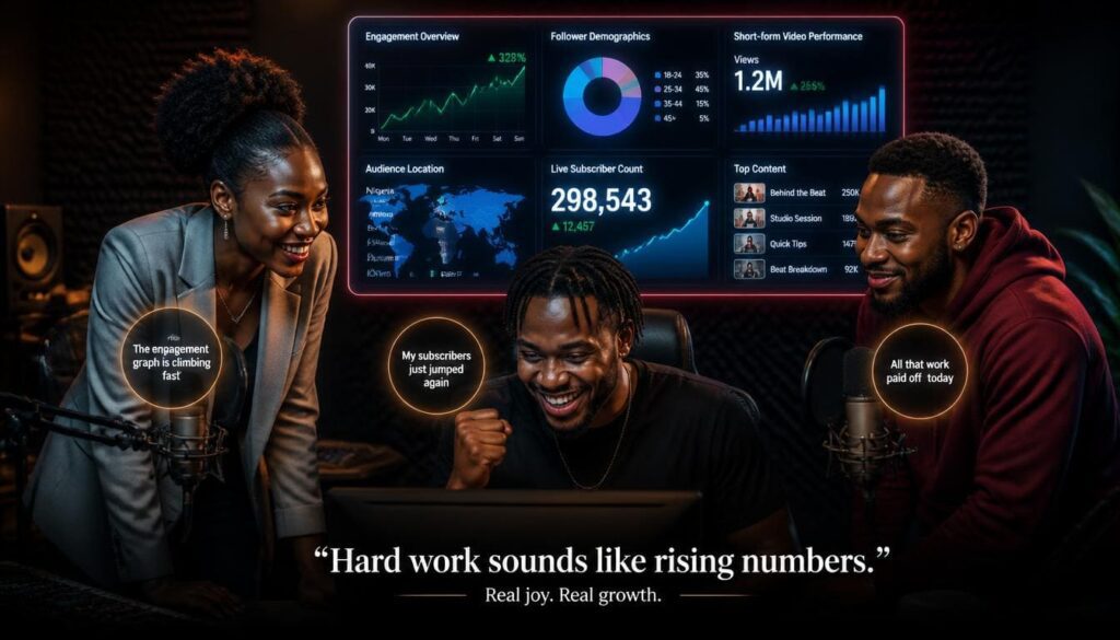 Detailed social platform analytics screenshot displaying follower conversion metrics for Nigerian beatmakers sharing music videos